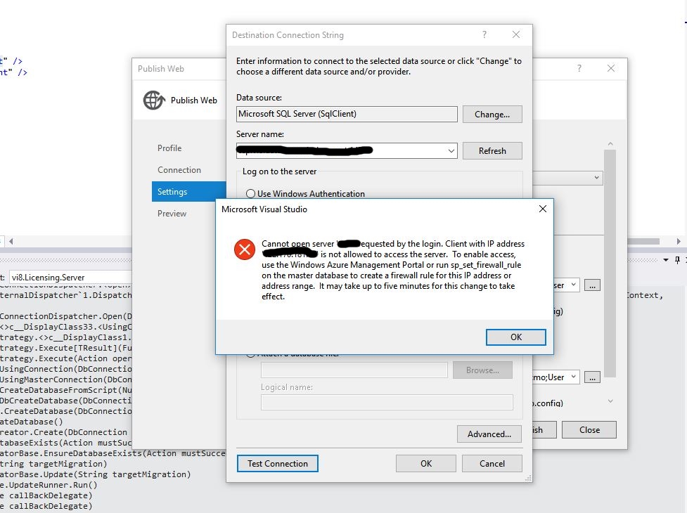 Azure SQL Firewall error from Test Connection in Visual Studio